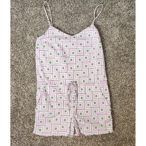 Jules Reid Romper Womens Size 6 Purple Green Geometric Tie Waist Spaghetti Strap
